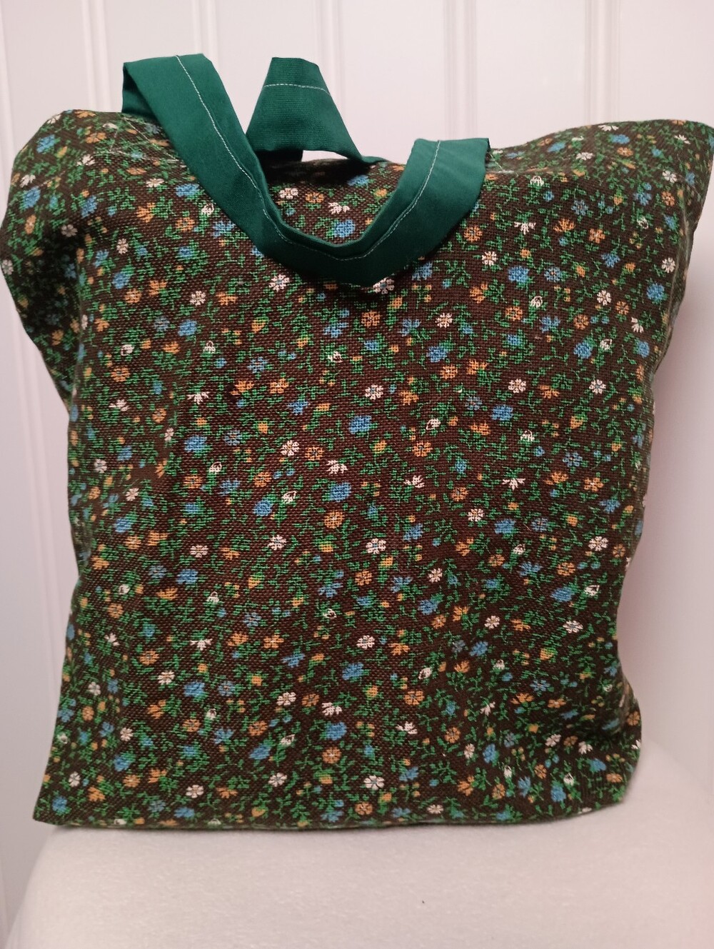 70s Vintage- Floral Tote Bag- Green & Brown